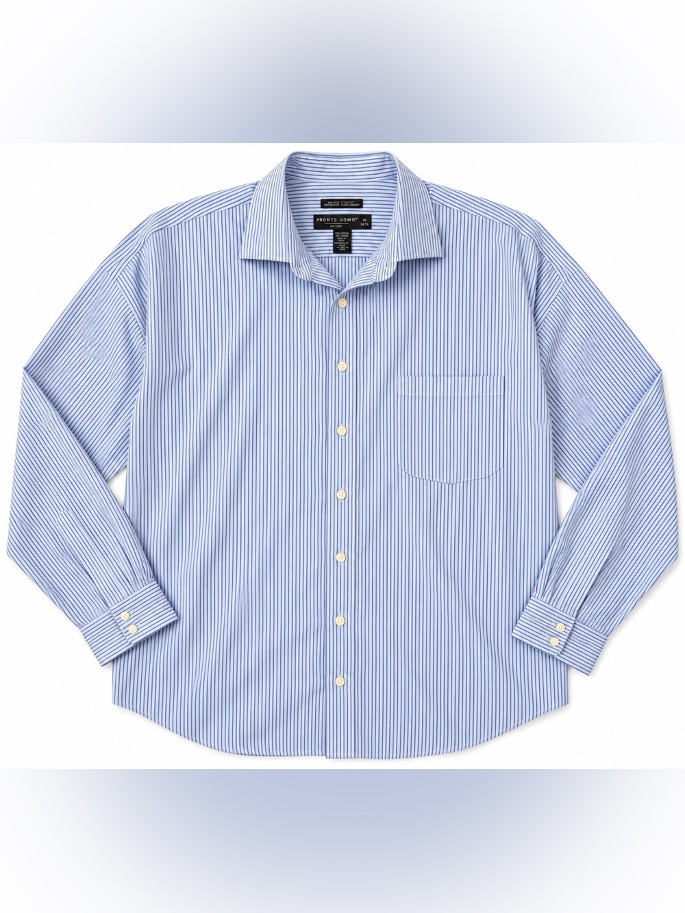 Pronto Uomo Blue & White Pinstripe Shirt — Men’s 20 / 34-35 100% Cotton No Iron